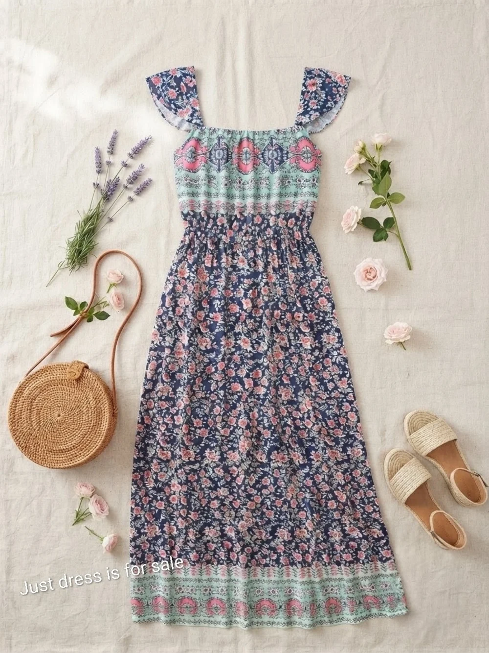 Rickis Navy Floral Maxi Dress with Mint Accent - Picture 4 of 16